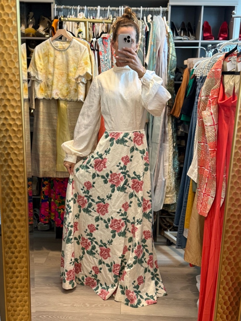 Vintage 1970’s Prairie Maxi Dress Floral Satin Jacquard Puff Sleeve Cottagecore